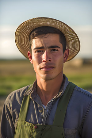 Portrait of a handsome young farmer standing in the field at sunsetの素材