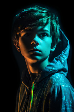 Portrait of a boy in a hood on a dark background.の素材