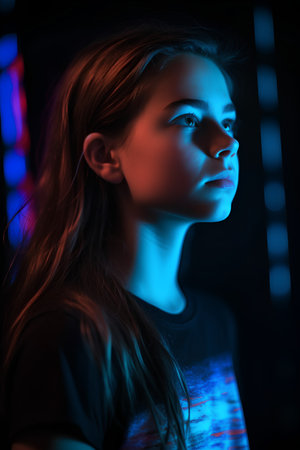 portrait of a young girl on a dark background in neon lightの素材