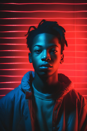 Portrait of young african american woman in neon light.の素材