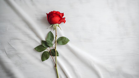 Red rose on white background. Flat lay, top view, copy spaceの素材