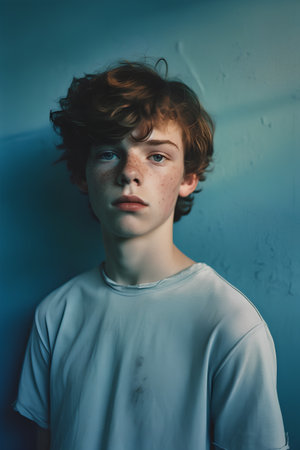 Portrait of a red-haired boy with freckles on his faceの素材