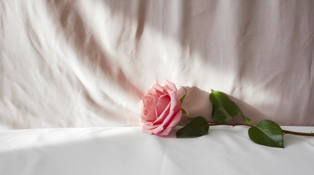 Pink rose on a white bed sheet with a shadow from the windowの素材