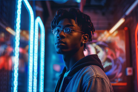 African american man with afro hairstyle and eyeglasses looking away in neon lightの素材