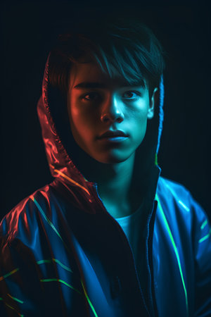 Portrait of a young man in neon light on a black background.の素材