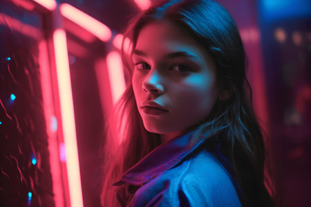 Portrait of a beautiful young girl with long hair in neon light.の素材