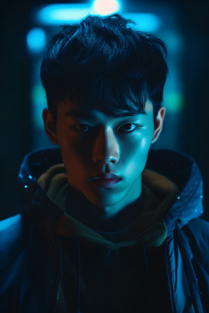 Portrait of a handsome young asian man in a dark roomの素材