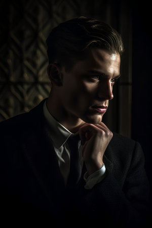 Portrait of young handsome man in black suit. Men's beauty, fashion.の素材