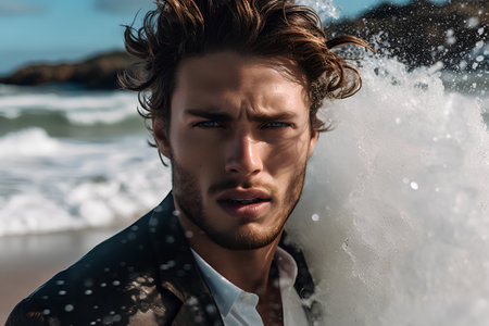 Portrait of a handsome young man on the beach. Men's beauty, fashion.の素材