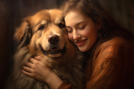 Beautiful woman with her dog at home. Golden retriever.の素材
