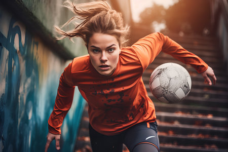Soccer player in action. Beautiful young woman in sportswear playing soccer outdoors.の素材