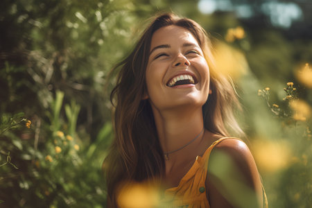 Portrait of a happy young woman standing in a field of yellow flowers.の素材