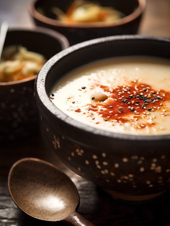 Creamy milk soup with sour cream and sesame seeds on wooden backgroundの素材