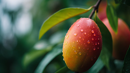 Ripe mango fruit on the tree with dew drops. Selective focus.の素材