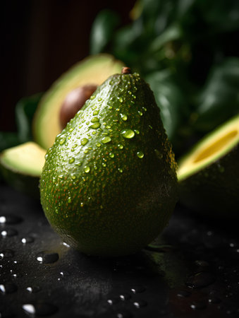 Fresh ripe avocados with water drops on a black background.の素材