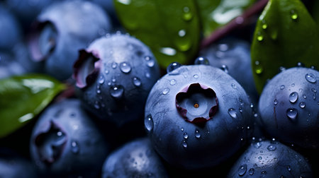 Fresh blueberries with water drops close up. Shallow dof.の素材