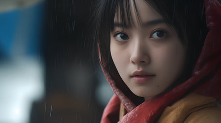 Portrait of a beautiful asian woman with red scarf in the rainの素材