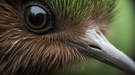 close up shot of the eye of a bird with green feathers.の素材