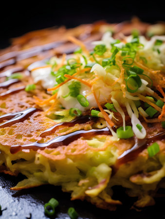 Omelet with cabbage and mayonnaise on a black backgroundの素材