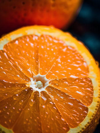 Close up of a slice of orange fruit on a dark background.の素材