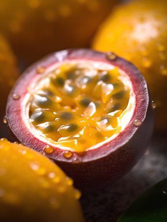Passion fruit with water droplets on it, close-upの素材