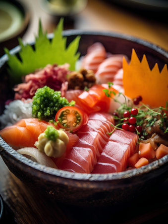 Sashimi Sashimi with Vegetables and Spices in Bowlの素材