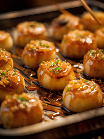 Close up of scallops with sauce and sesame seeds.の素材