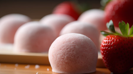 Strawberry dessert with marshmallow and fresh strawberries on wooden backgroundの素材