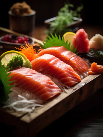 Sashimi japanese food. Sashimi on wooden backgroundの素材
