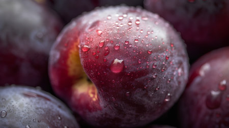 Close up of fresh plums with water drops. Selective focus.の素材