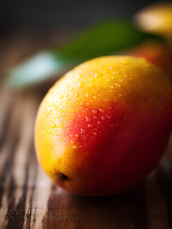 Fresh ripe mango fruits with water drops on wooden table, selective focusの素材