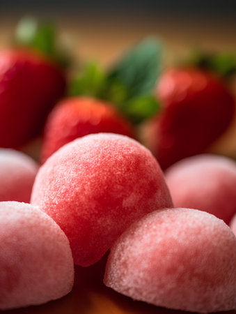 Frozen strawberries with mint on a wooden background. Selective focus.の素材