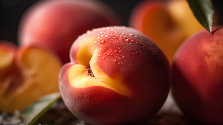 Fresh peaches with water drops on dark wooden background, closeupの素材