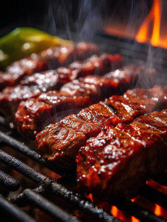 Grilled beef on barbecue grill with flames and smoke, close upの素材