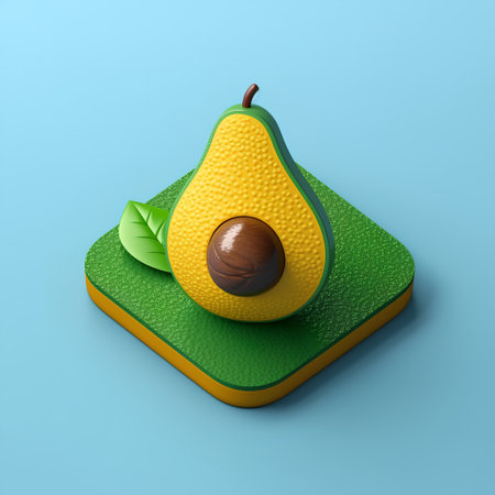 Avocado with hazelnut isolated on blue background. 3d illustrationの素材
