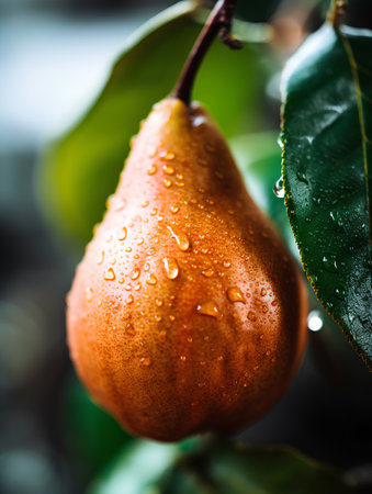 Ripe pears on a tree branch with drops of water.の素材