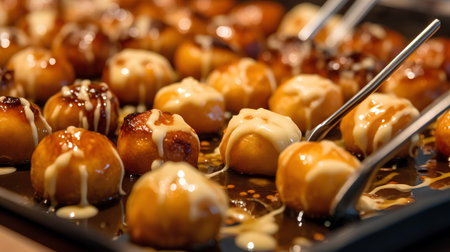 Close-up of delicious caramelized dumplings with condensed milk.の素材