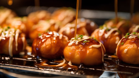 Close up of caramelized taro covered with caramelized condensed milk.の素材