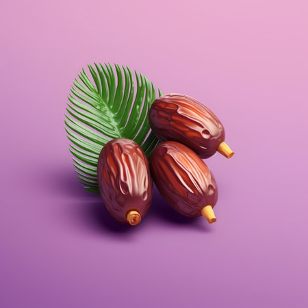 3d render of date fruits and palm leaf on purple background.の素材