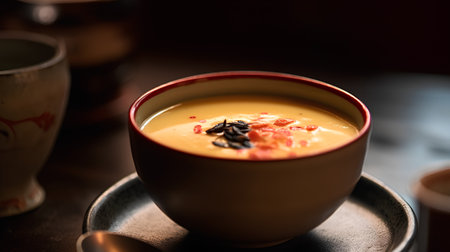 Creamy pumpkin soup with bacon and raisins in a bowlの素材