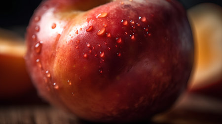 Fresh red nectarines with water drops on a wooden background.の素材