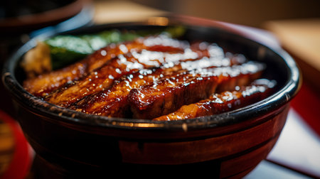 Grilled eel in wooden bowl. Japanese food. Selective focus.の素材
