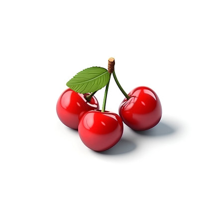 Red cherries with leaves on a white background. 3d illustrationの素材