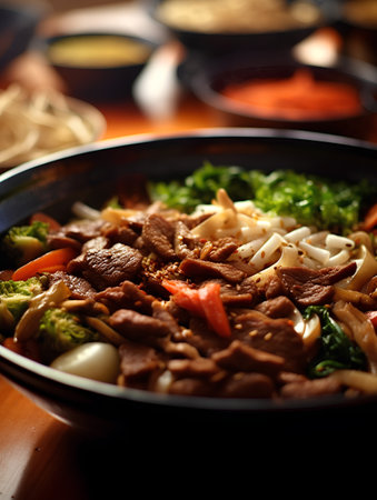Sukiyaki, japanese noodle with beef and vegetablesの素材