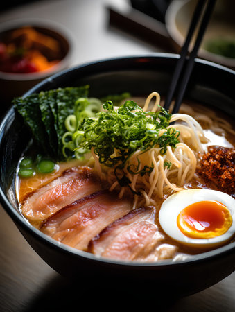 Japanese miso ramen noodle soup with sliced pork and eggの素材