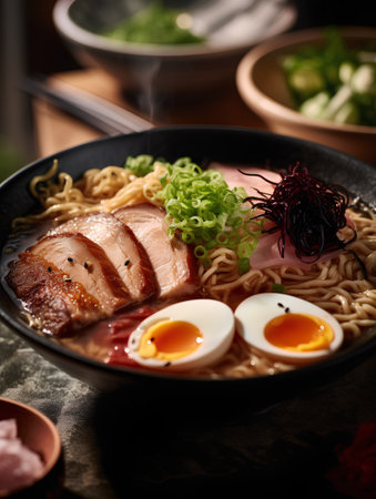 ramen noodles with pork and egg in black bowl on dark backgroundの素材