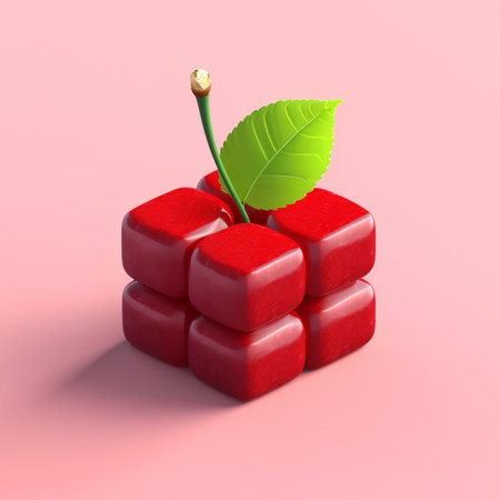 Red cherry cubes on a pink background. 3D illustration. Minimal concept.の素材