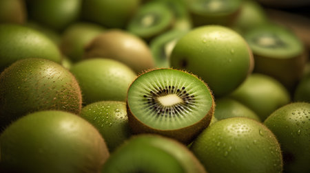 Kiwi fruit background. Green kiwi with water dropsの素材