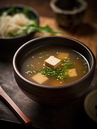 Japanese miso soup with tofu and chives on a dark backgroundの素材