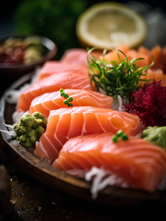 Sashimi set on wooden plate, Japanese food style, selective focusの素材